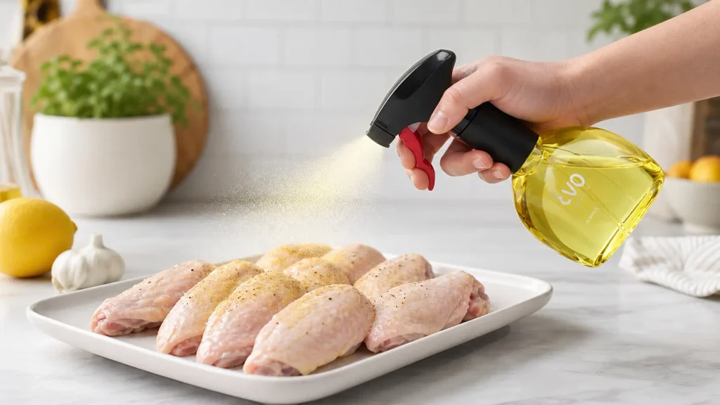 Using an Evo oil sprayer bottle to coat chicken wings before air frying