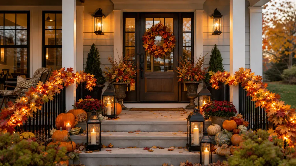 Expensive looking fall porch decor featuring pre-lit wreaths, garlands, and outdoor lanterns
