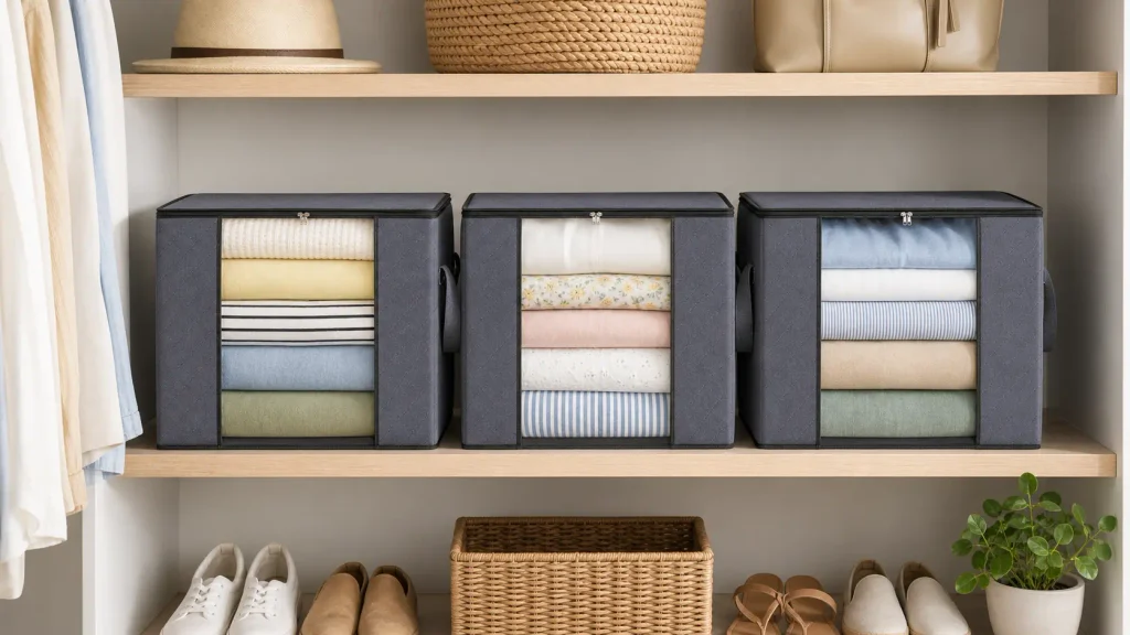 Neatly organized closet shelf using Fab Totes grey fabric storage bags