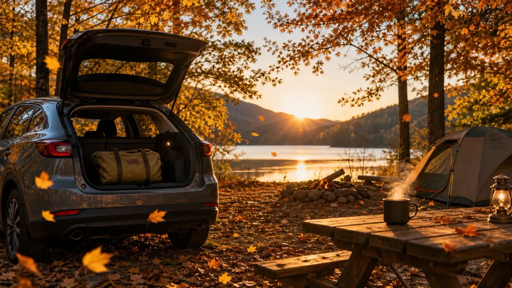A perfectly organized setup showing the best compact fall camping gear next to a car with vibrant autumn foliage