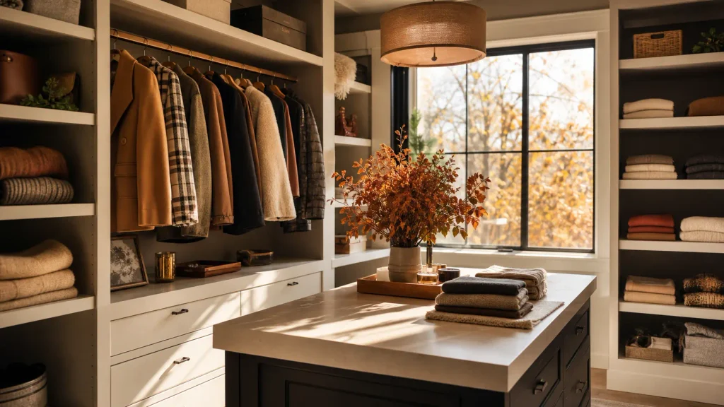 A neatly organized space showing a practical amazon fall closet upgrade with cozy sweaters and jackets