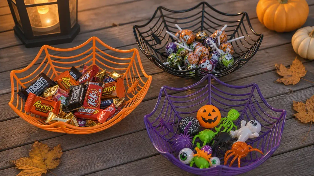 Three Fun Express plastic spider web candy bowls sorted with different Halloween treats and toys