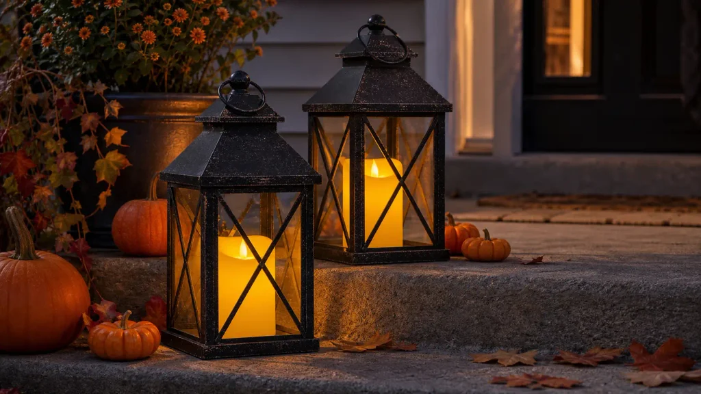 Homemory waterproof outdoor flameless candles glowing warmly inside rustic porch lanterns at dusk