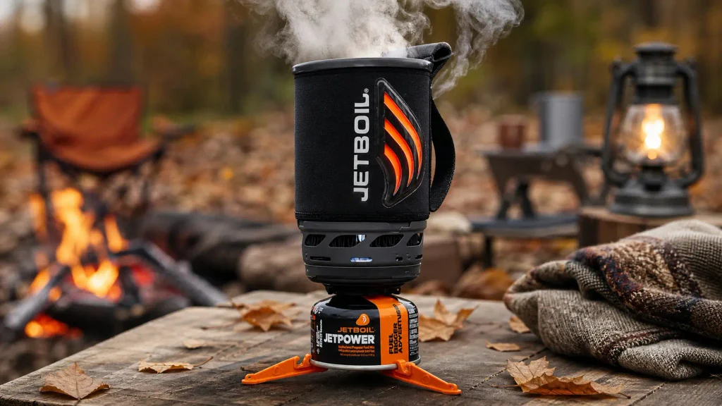 Jetboil Flash portable camp stove boiling water with heavy steam in a crisp autumn mountain setting