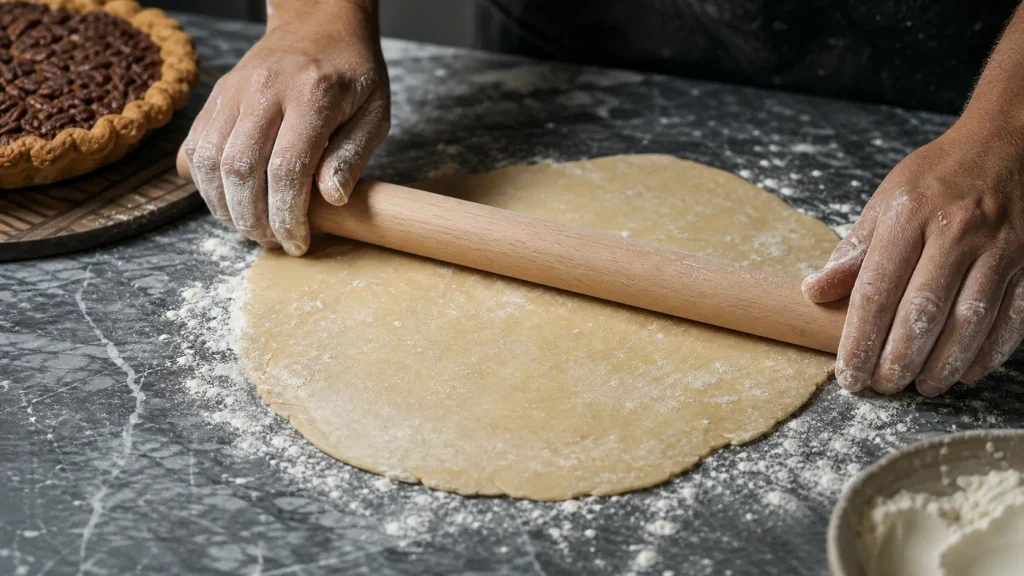 Hands using the J.K. Adams Maple Wood French Rolling Pin to roll out pie dough smoothly.