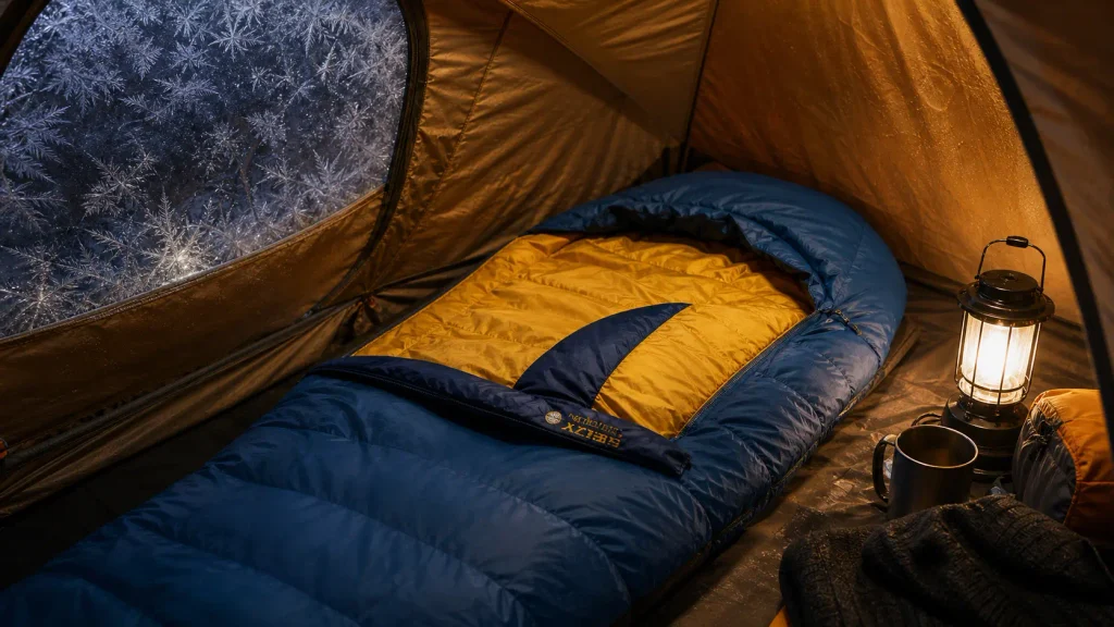 Kelty Cosmic 20 cold weather down sleeping bag laid out comfortably inside a warmly lit tent