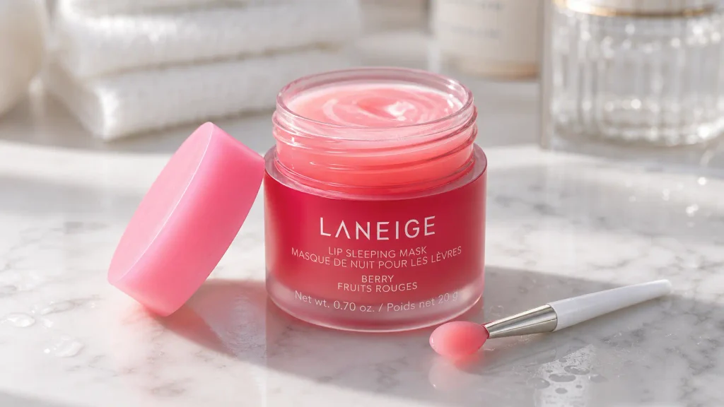 A pink jar of LANEIGE Lip Sleeping Mask on a marble bathroom counter.