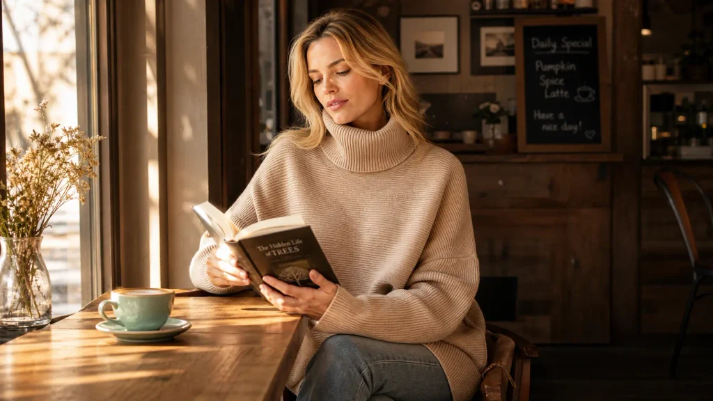 Woman wearing cozy LILLUSORY oversized turtleneck knit sweater in a coffee shop