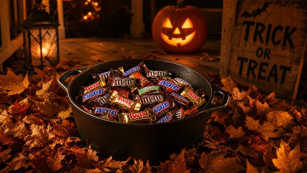 Lodge cast iron Dutch oven repurposed as a heavy-duty Halloween candy cauldron on a front porch