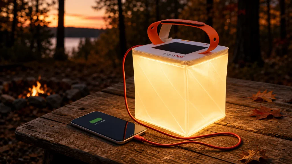 LuminAID PackLite Max inflatable solar lantern glowing and charging a smartphone on a camp table at dusk