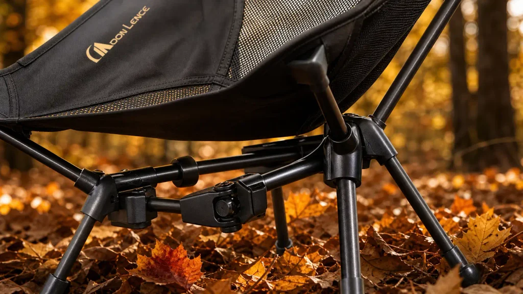 Close up view of the 7075 aluminum frame of the Moon Lence Portable Folding Camping Chair against an autumn backdrop