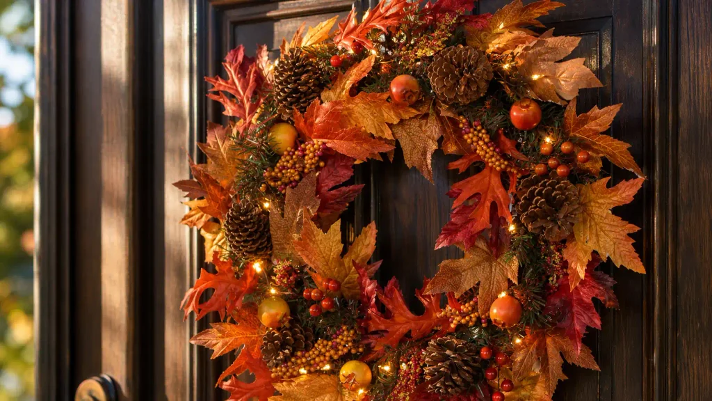 Detailed texture of the National Tree Co. pre-lit artificial fall wreath with pinecones and berries