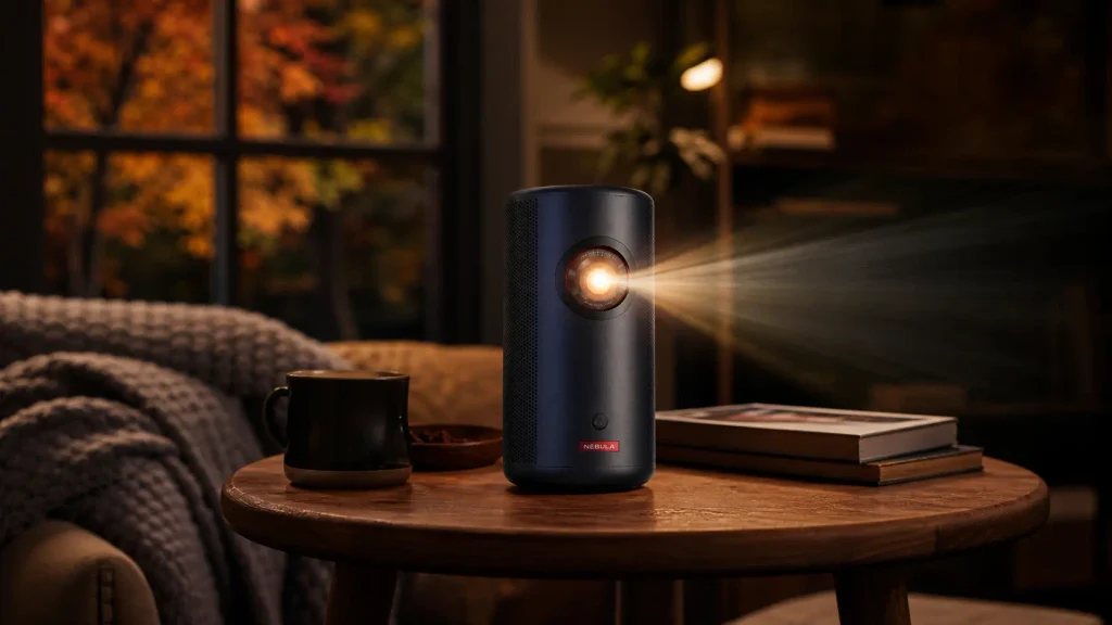 NEBULA Capsule 3 laser portable projector sitting on a side table for a cozy indoor movie night setup