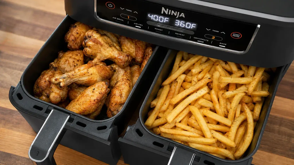 Ninja DZ201 Foodi dual basket air fryer cooking wings and fries simultaneously for football sunday