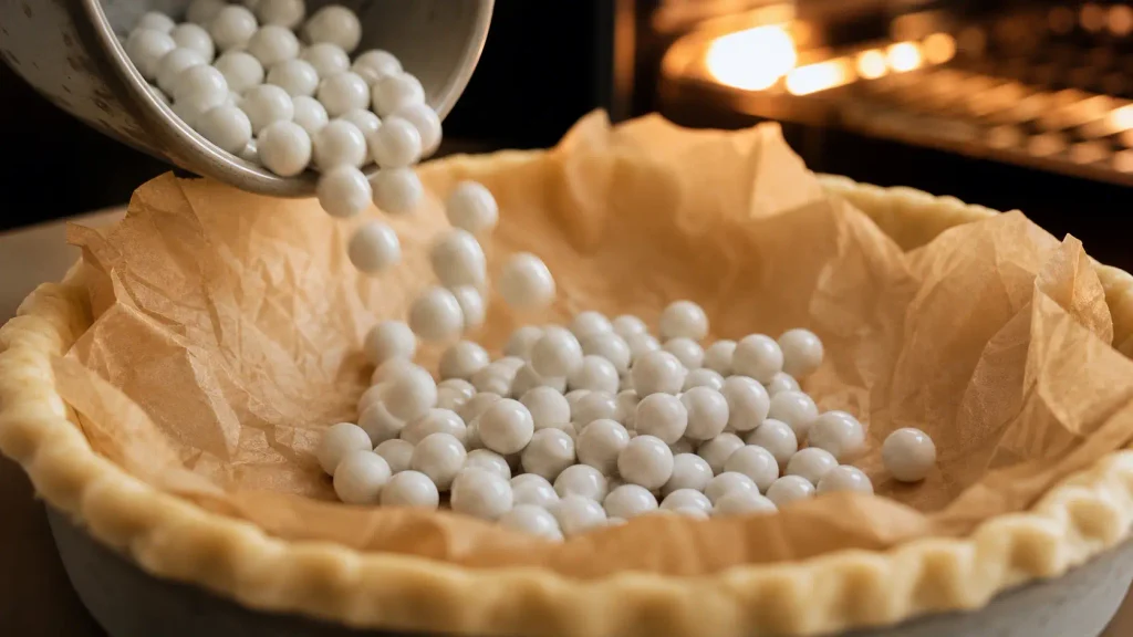 Pouring Mrs. Anderson's Baking Ceramic Pie Crust Weights into a parchment-lined raw pie dough for blind baking.