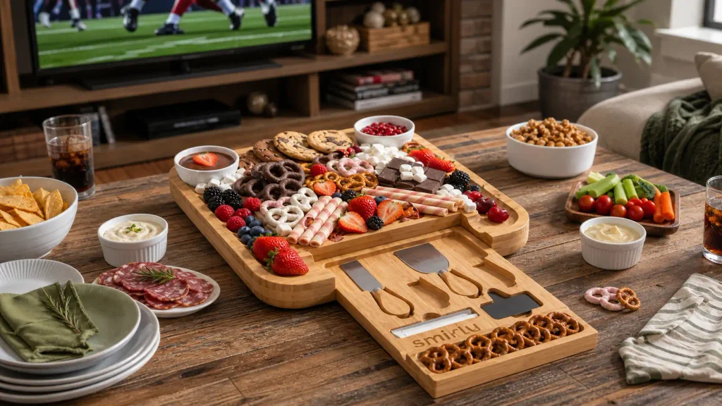 SMIRLY bamboo charcuterie board setup serving snacks for a football watch party