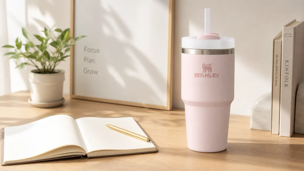 Stanley Quencher H2.0 40 oz tumbler on a stylish office desk.