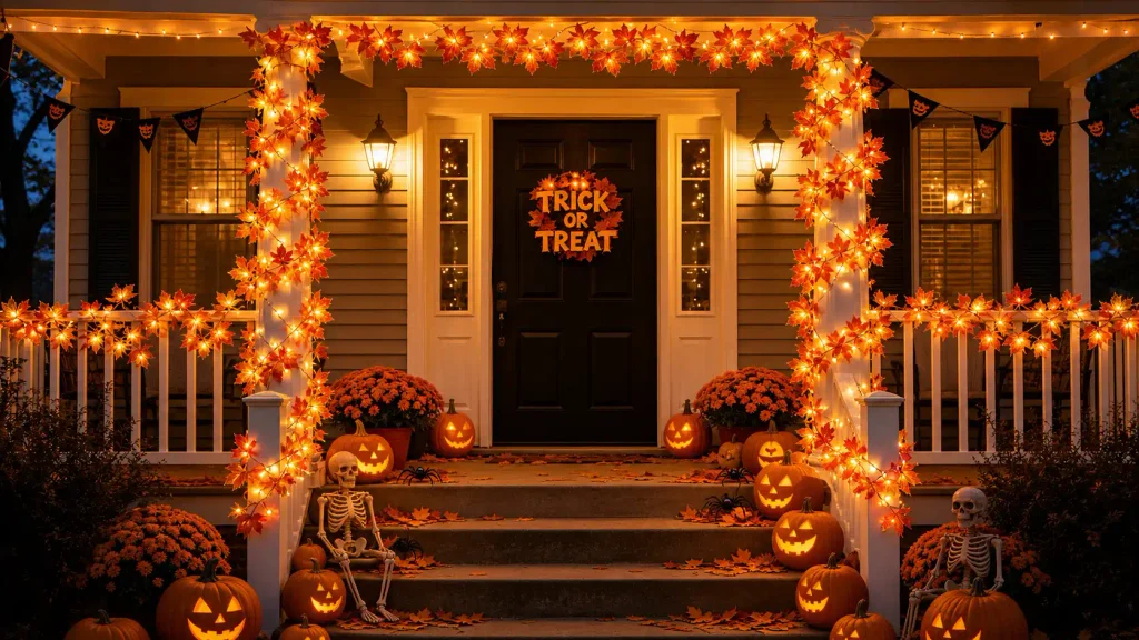 TURNMEON lighted maple leaf garlands decorating front porch columns for autumn