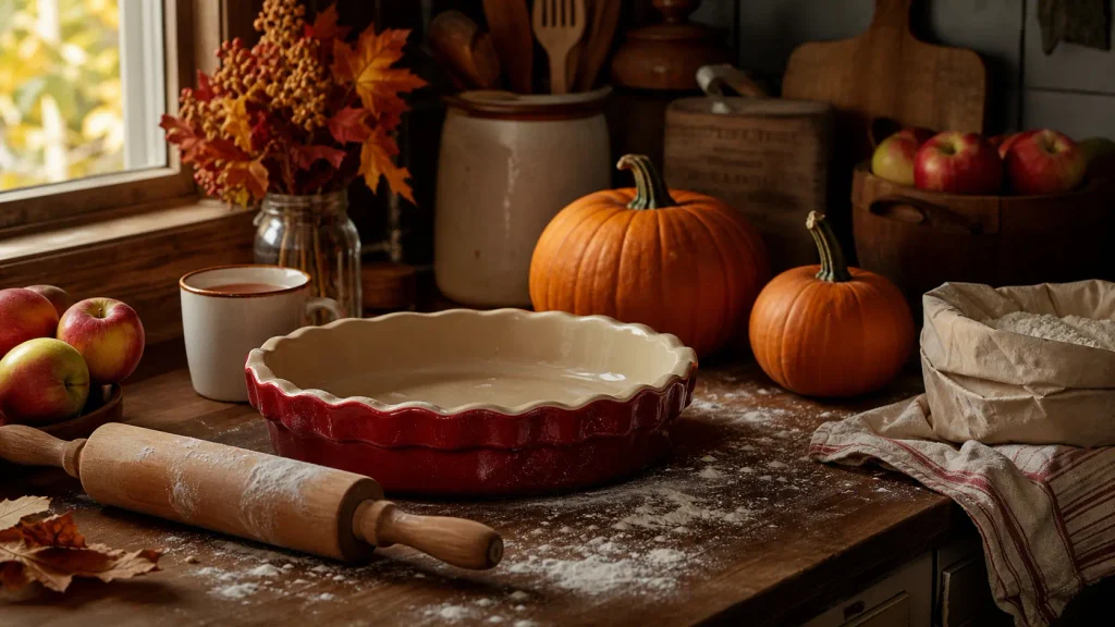 A rustic kitchen counter setup with essential pie making tools ready for autumn baking.