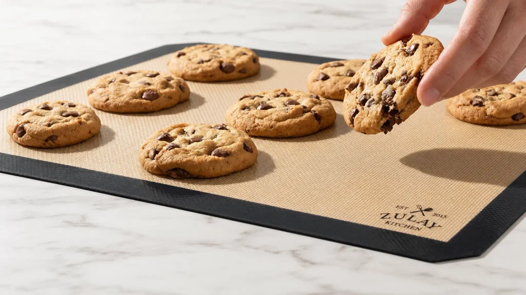 Freshly baked spiced pecan cookie lifting cleanly off a Zulay Kitchen Silicone Baking Mat with no residue.